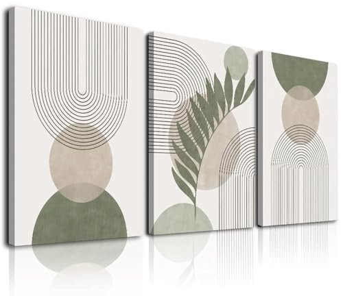 Sage Green Boho Wall Art Set of 3: Minimalist Framed Sage Green Boho Wall Art Set of 3, Minimalist Framed Wall Art Geometric Line Leaf Sun Moon Beige Green Canvas Artwork Paintings, Abstract Botanical Boho Room Decor, Office, 12"x16"