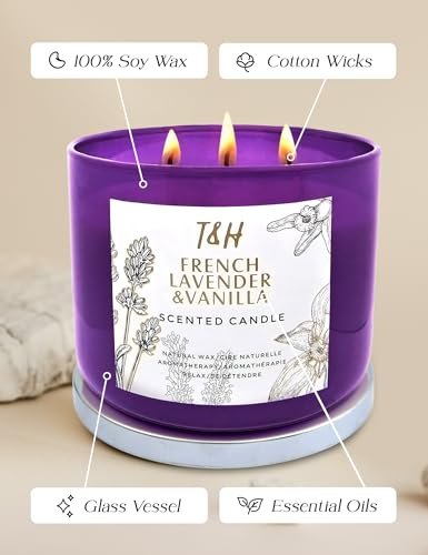 41EpCeVRBTL._SL500_.jpg Lavender Vanilla Aromatherapy Candle | 3 Wick Soy Candle | Large 15.8 oz | Long-Lasting Relaxation Gift for Women - Image 5