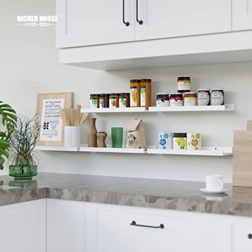 41EpQzo13QL._SL500_.jpg RICHER HOUSE 5-Set White Floating Shelves for Modern Wall Decor in Nursery, Bedroom, Living Room, & Bathroom. - Image 7