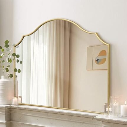 Besdomus Gold Scalloped Arched Mirror: 36"x26" Large Modern Mantle Mirror - Minimalist Dresser Wall Mirror for Vanity/Bedroom/Fireplace/Living Room/Entryway/Home Decor