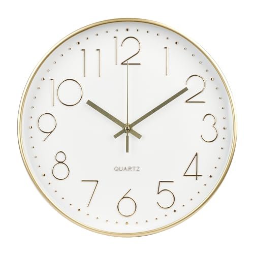 Bakbrand 12-Inch Silent Wall Clock - Modern Gold Quartz Clock bakbrand Wall Clock 12 Inch Non-Ticking Silent Modern Simple Style Round Decor Clock Gold Stereoscopic Dial Quartz Wall Clocks for Home/Office/School/Living Room/Bedroom/Kitchen