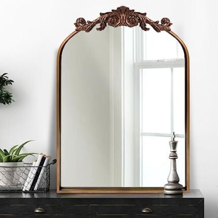 OUSHUAI Gold Traditional Vintage Ornate Baroque Mirror,Gold Brass Mirror for Wall,Victorian Antique Bronze Mirrors Arched for Bathroom/Living Room/Hallway/Fireplace 19"X27"