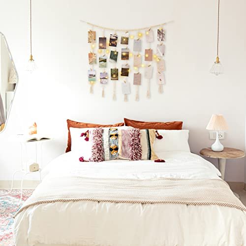 41J3Vcy9LL._SL500_.jpg Mkono Macrame Photo Display with String Lights & Wooden Bead Garland, 45 Clips for Home Decor. Perfect Gift for Teen Girls! - Image 3