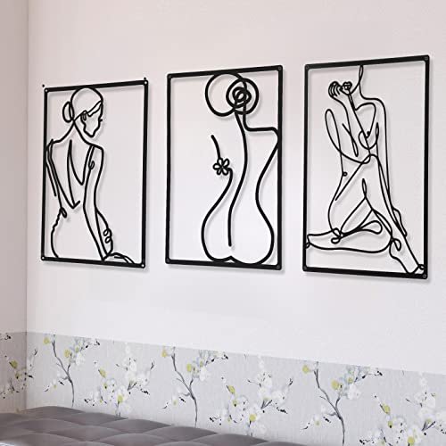 CHENGU Set of 3 Minimalist Metal Line Art of Women CHENGU 3 Pieces Metal Minimalist Abstract Woman Wall Art Line Drawing Wall Art Decor Single Line Female Home Hanging for Kitchen Bathroom Living Room