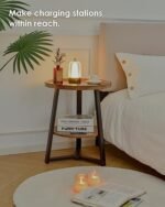 KJGKK Round End Table with Charging Station, 19.7" x 23.63", Industrial Accent Table for Small Spaces (Brown & Black) - Image 5