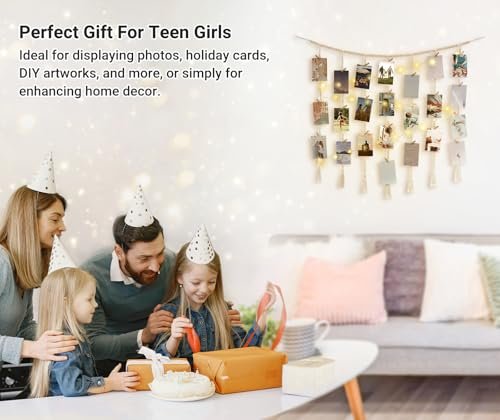 41P3knnZVBL._SL500_.jpg Mkono Macrame Photo Display with String Lights & Wooden Bead Garland, 45 Clips for Home Decor. Perfect Gift for Teen Girls! - Image 5