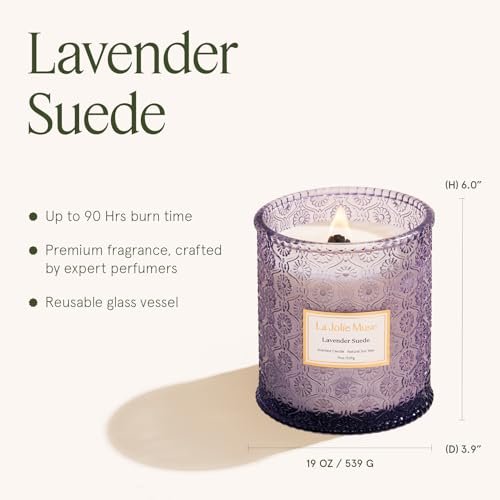 41QMFx3FGL._SL500_.jpg LA JOLIE MUSE Lavender Candle - 19 oz Large Soy Candle, Wood Wick, 90 Hours of Soothing Lavender Suede Scent. - Image 5