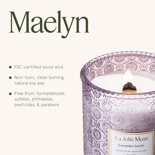 41RkyZPqdQL._SL500_.jpg LA JOLIE MUSE Lavender Candle - 19 oz Large Soy Candle, Wood Wick, 90 Hours of Soothing Lavender Suede Scent. - Image 6