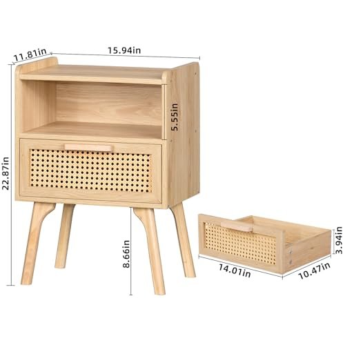 41SRX5HKcL._SL500_.jpg Lerliuo Rattan Nightstand: Boho Bedside Table with Drawer & Open Shelf, Solid Wood Legs, Natural Finish. Perfect for Bedrooms & Small Spaces. - Image 3