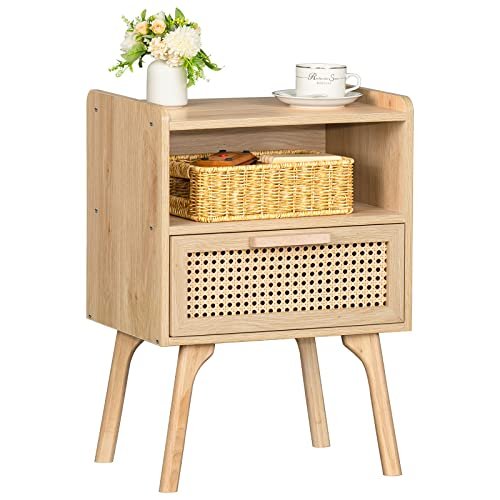 Lerliuo Rattan Nightstand: Boho Bedside Table with Drawer & Open Lerliuo Rattan Nightstand, Boho Side Table with Drawer Open Shelf, Cane Accent Bedside End Table with Solid Wood Legs for Bedroom, Dorm and Small Spaces (Natural)