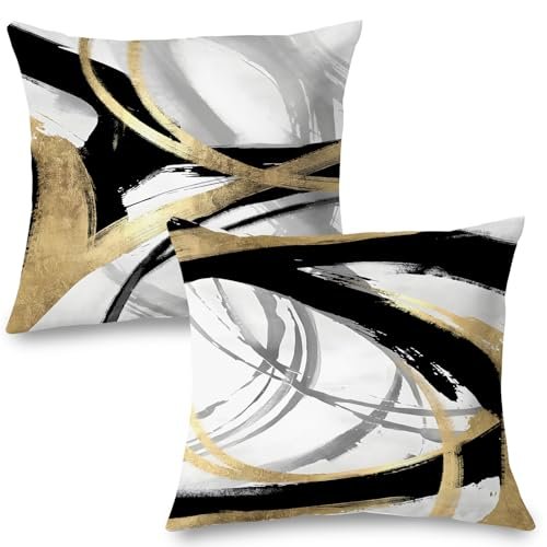 Supwhd Black and Gold Pillow Covers - Set of 2, Supwhd Black White and Gold Pillow Covers, Abstract Black and Gold Pillow Covers 18x18 Set of 2, Modern Boho Home Decor, Black and Gold Decorative Throw Pillows Cover for Couch Living Room Bedroom