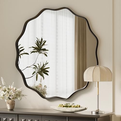 VooBang 30" Black Scalloped Circle Mirror: Wavy Edge Round Wall VooBang Black Scalloped Circle Mirror, 30" Wavy Edge Round Wall Mirror with Tempered Glass Textured Circular Metal Deep Frame, Hanging Leaning for Bathroom, Hallway, Entryway, Livng Room