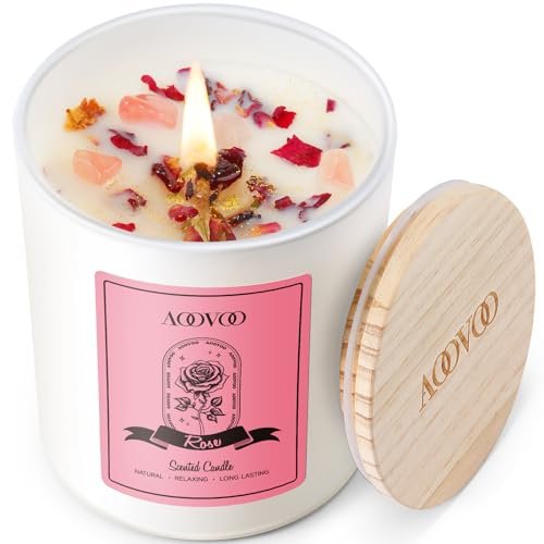AOOVOO Rose Scented Candles for Women - Aromatherapy Candles with AOOVOO Rose Scented Candles for Women - Aromatherapy Candle with Crystals Inside, 10oz Soy Candles for Home Scented, Birthday Gifts Mothers Day Candle for Mom Women