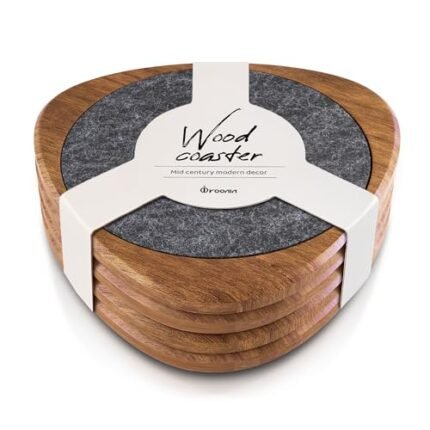 Roonin Mid Century Modern Decor Coasters Set of 4 - Absorbent Coaster - Felt Coaster MCM Decor - Midcentury Modern Wooden Coasters for Drink