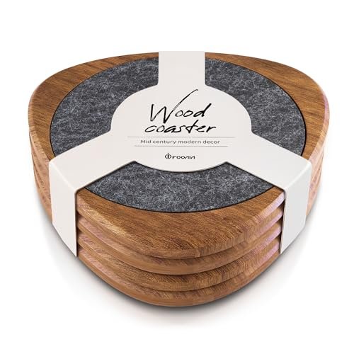 Roonin Mid Century Modern Coaster Set of 4 – Absorbent Roonin Mid Century Modern Decor Coasters Set of 4 - Absorbent Coaster - Felt Coaster MCM Decor - Midcentury Modern Wooden Coasters for Drink