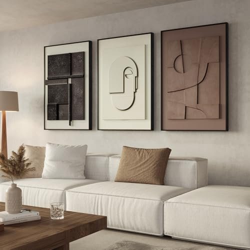 Large 3-Piece 3D Textured Abstract Wall Art Set for Living Large 3D Textured Framed Abstract Wall Art for Living Room, 3 Piece Modern Paintings Artwork for Walls, Black White Brown Geometric Sandstone Texture Pictures for Hallway Office Wall Decor 24x36 In