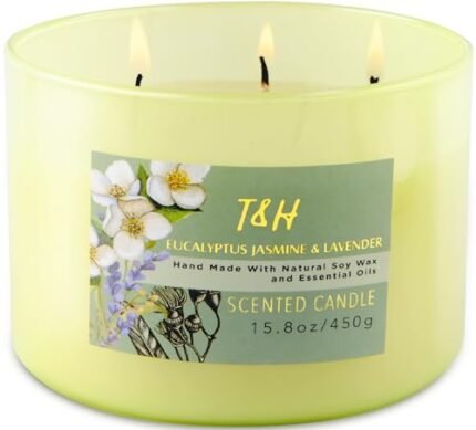 Eucalyptus Jasmine Lavender 3 Wick Candle | Highly Scented Soy Candle for Stress Relief 15.8 oz | Fresh Calming Aromatherapy Candle for Men & Women | Large Clean Burn Lavender Candle for Home