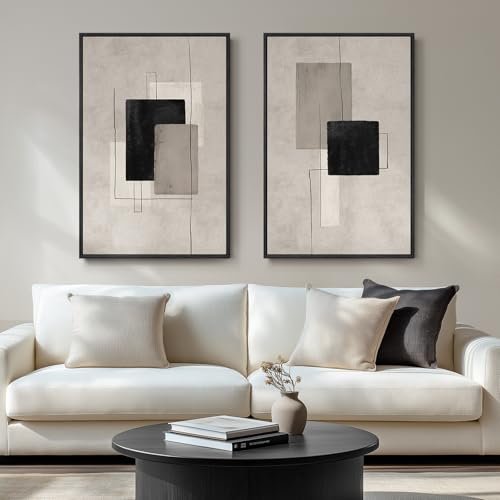 Set of 2 Large Framed Neutral Abstract Canvas Prints for Large Framed Neutral Abstract Wall Art for Living Room, Set of 2 Black and Beige Modern Canvas Prints Paintings Artwork for Walls, Minimalist Block Lines Pictures for Hallway Office Wall Decor 24x36 In