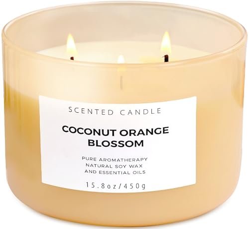 Coconut Orange Blossom 3-Wick Candle | 15.8 oz Soy Aroma Coconut Orange Blossom 3 Wick Candle | Highly Scented Soy Candles for Home 15.8 oz, Summer & Tropical Scented Candle | Aromatherapy Stress Relief Candle, Relaxing Clean Burning Candles for Women & Men