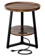 KJGKK Round End Table with Charging Station, 19.7" Dia x 23.63" H, Side Table with Storage Shelf, Accent Table, for Living Room, Bedroom, Small Spaces, Metal Frame, Industrial Style (Brown + Black)