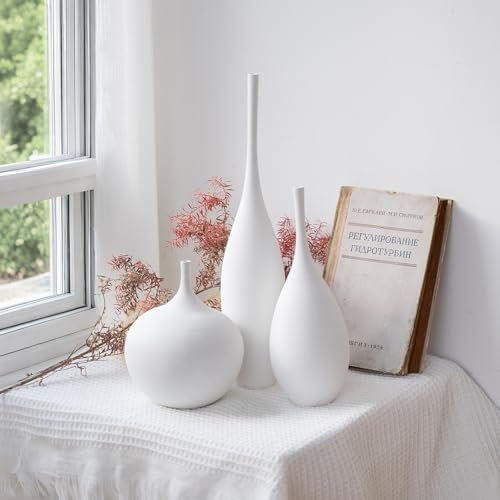 41jATR-PJ2L._SL500_.jpg Relexome Set of 3 White Ceramic Vases - Modern Boho Wabi-Sabi Decor for Living Room Centerpieces - Image 5