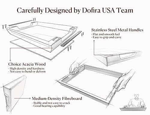 41kcuEXyFNL._SL500_.jpg Dofira Acacia Wood Serving Tray with Metal Handles, 17x13in for Food & Drinks - Rustic Decor for Coffee Table, Breakfast, Bar & More - Image 3