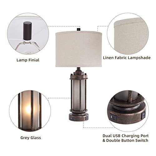 41kd33jMkL._SL500_.jpg Set of 2 Rustic Farmhouse Lamps with USB Ports & Frosted Glass Night Light - Bronze Finish - Image 7