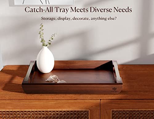 41lVE1pRgXL._SL500_.jpg Dofira Acacia Wood Serving Tray with Metal Handles, 17x13in for Food & Drinks - Rustic Decor for Coffee Table, Breakfast, Bar & More - Image 7