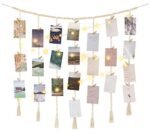 Mkono Macrame Hanging Photo Display Wall Decor with String Lights, Boho Wooden Beads Garland Collage Picture Card Frame Holder with 45 Clips for Bedroom Living Room Dorm, Teen Girls Christmas Gifts
