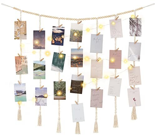 Mkono Macrame Photo Display with String Lights & Wooden Bead Mkono Macrame Hanging Photo Display Wall Decor with String Lights, Boho Wooden Beads Garland Collage Picture Card Frame Holder with 45 Clips for Bedroom Living Room Dorm, Teen Girls Christmas Gifts