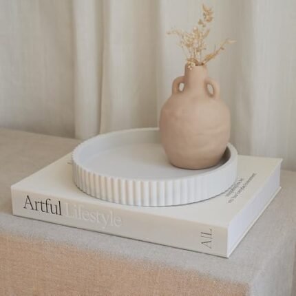 Decorative Concrete Tray & Book Decor Set - Scalloped Tray & Linen Box Enhance Your Coffee Table or Bookshelf Decor - Stylish Home Decoration for Your Living or Dining Room & as a Housewarming Gift