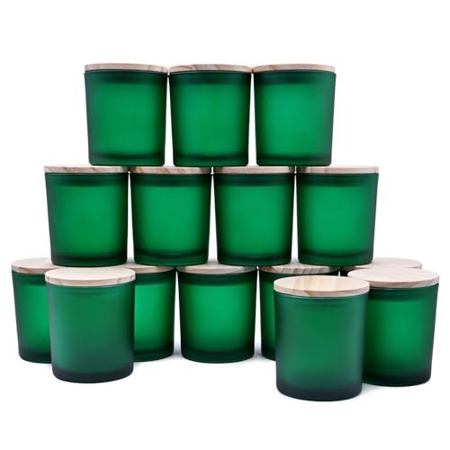 8 Oz Thick Candle Jars - 15 Pack with Wooden SHOWIN 8 OZ Thick Candle Jars for Making Candles 15 Pcs, Empty Jars with Wood Lids for Candle Making, Sample Container, Frosted Green