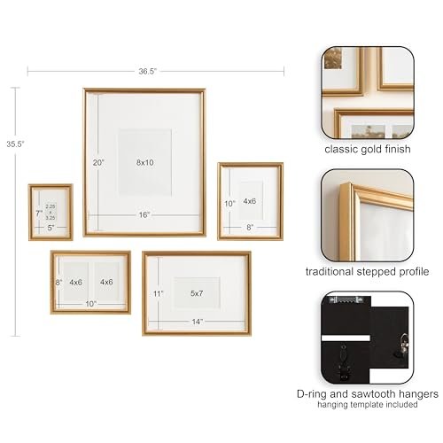 41qLIwCALcL._SL500_.jpg Kate and Laurel Adlynn Vintage Gold Picture Frame Set of 5 with Hanging Template for Gallery Walls - Image 2