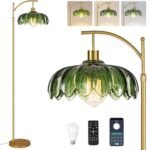 ILLMTW Gold Floor Lamp for Living Room,Bedroom,Mid Century Modern Standing Lamp with Remote,Dimmable Brass Tall Lamp Vintage Retro Green Glass Arc Floor Flower Floor Light Boho Bohemian