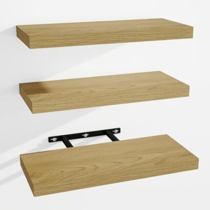 Venusmiles Floating Shelves for Wall, Wall Mounted Shelves with Invisible Brackets, 3 Small Wood Floating Wall Shelf Shelves for Living Room, Bedroom, Kitchen, Bathroom (Oak, 15" W x 6" D x 1" H)