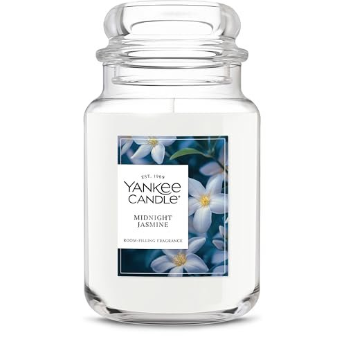 Yankee Candle Large Jar, Midnight Jasmine: 22 oz of premium Yankee Candle Large Jar Scented Candle with up to 150 Hour Burn Time, Premium Plant Wax Blend for Consistent Burn, 22 oz Jar Candle with Room Filling Fragrance, Midnight Jasmine
