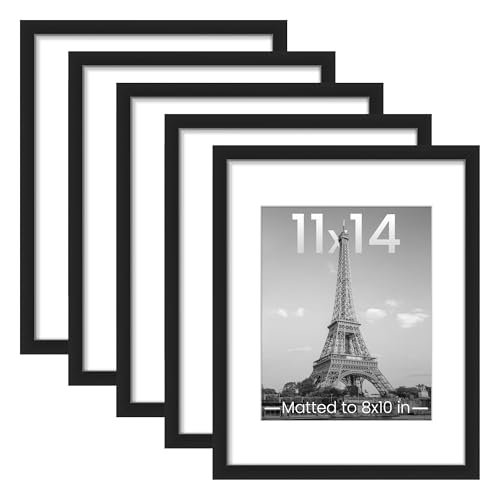 Upsimples 11x14 Picture Frame Set of 5 - Showcase 8x10 upsimples 11x14 Picture Frame Set of 5, Display Pictures 8x10 with Mat or 11x14 Without Mat, Wall Gallery Photo Frames, Black