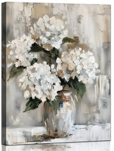 YRYWAWA White Hydrangea Bathroom Wall Art Canvas Print 12x15 Inches Retro Farmhouse Style Floral Artwork for Bedroom Living Room Office Decor