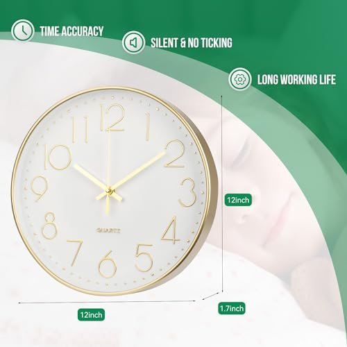 41vl7UA2ckL._SL500_.jpg Bakbrand 12-Inch Silent Wall Clock - Modern Gold Quartz Clock for Home, Office, and School Decor - Image 3