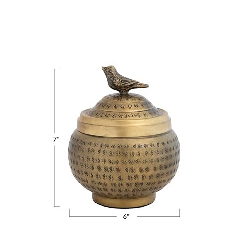 41vtQgItEL._SL500_.jpg Brass-Finished Round Hammered Metal Container with Bird Finial - Creative Co-Op Design - Image 2