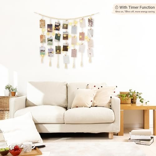 41ymzJRSu3L._SL500_.jpg Mkono Macrame Photo Display with String Lights & Wooden Bead Garland, 45 Clips for Home Decor. Perfect Gift for Teen Girls! - Image 2