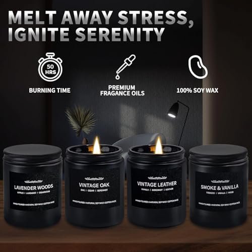 41zPvrIprDL._SL500_.jpg Men's Scented Candle Set - 4 Pack of Smoke, Vanilla, Leather, and Oak Candles for Home Gifts - Image 4
