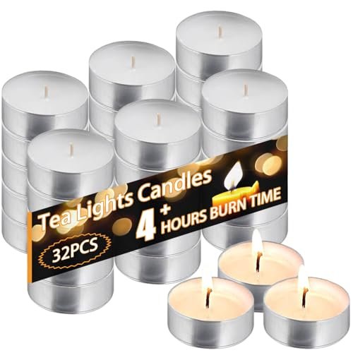 32Pcs White Unscented Tea Light Candles - 4-Hour Burn Time Tea Light Candles 32Pcs, 4 Hour Long time Burning, Bulk White Unscented Smokeless Tea Candles for Home, Shabbat, Weddings, Events, Emergencies (32Pcs-White)