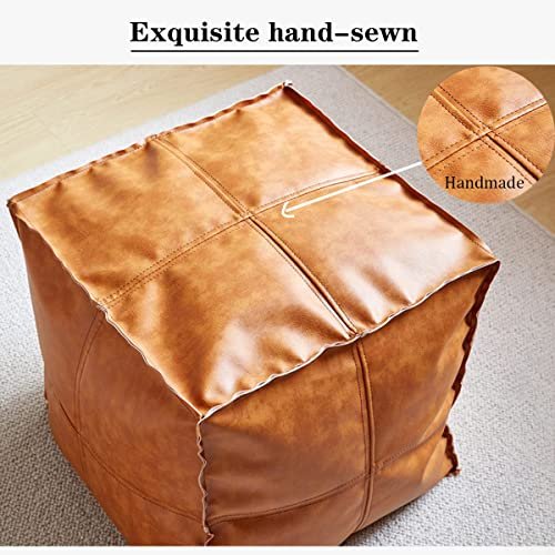 51-hlmfG4L._SL500_.jpg Handmade Moroccan Pouf Cover in Faux Leather, 17.7" Square, Orange & Brown - Foot Rest for Living Room (Cover Only) - Image 4