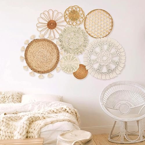 510dG6OkGdL._SL500_.jpg Boho Wall Basket Decor Set of 8 - Handmade Woven Rattan & Macrame Wall Art with Tassels - Image 4