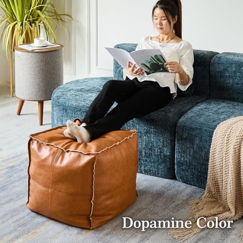 510xtHuhbiL._SL500_.jpg Handmade Moroccan Pouf Cover in Faux Leather, 17.7" Square, Orange & Brown - Foot Rest for Living Room (Cover Only) - Image 7