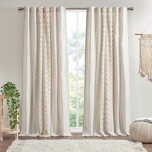 INK+IVY Imani 100% Cotton 50"x84" Chenille Stripe Curtain - Mid-Century INK+IVY Imani 100% Cotton SINGLE PANEL Curtain Tufted Chenille Stripe Geometric Print Mid-Century Look Rod Pocket Top Drape for Living Room, Privacy Window Treatment for Bedroom, 50" x 84", Ivory
