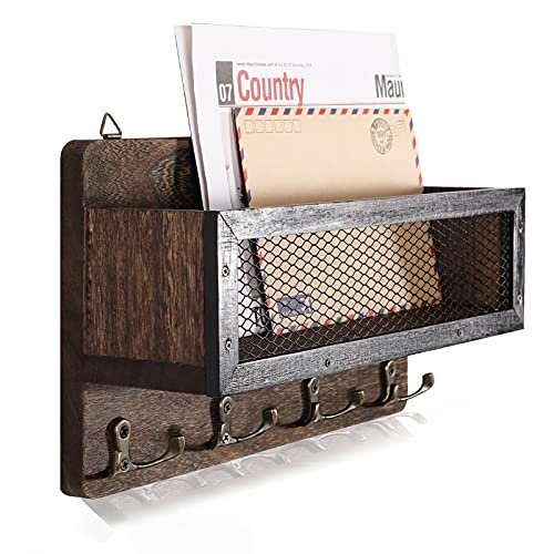 ADIIL Wooden Wall Mount Key Holder & Mail Organizer with ADIIL Mail and Key Holder for Wall Decorative, Wooden Wall Mount Key Rack Hanger Organizer with 4 Double Key Hooks, Rustic Home Decor for Entryway Hallway, Brown