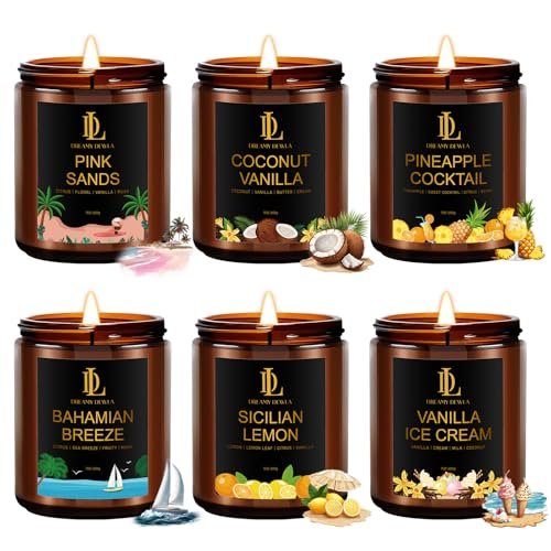 6-Pack Scented Soy Candles Set, 42oz, 300-Hour Burn, Scents: Pink 6 Pack Scented Candles Set, 42oz 300 Hour Long Lasting Candle, Soy Candles for Home Scented, Scents of Pink Sands/Coconut Vanilla/Bahama Breeze/Pineapple Cocktail/Sicilian Lemon/Vanilla Ice Cream