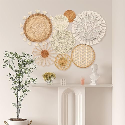 514aDfYUnnL._SL500_.jpg Boho Wall Basket Decor Set of 8 - Handmade Woven Rattan & Macrame Wall Art with Tassels - Image 5